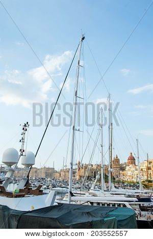 Boats And Yachts Anchoring In Valletta, Malta