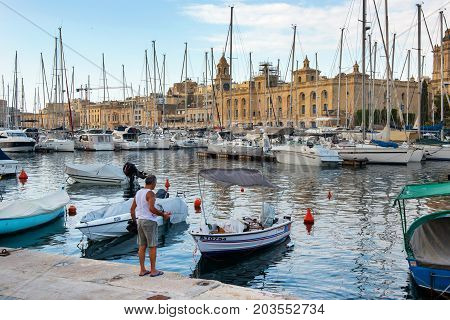 Boats And Yachts Anchoring In Valletta, Malta