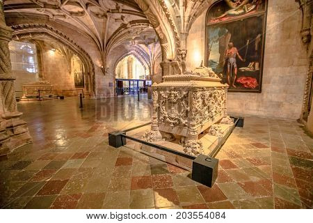 Lisbon, Portugal - August 26, 2017: Famous Tomb of Vasco da Gama in Jeronimos Monastery Church, Belem district. Vasco da Gama was a Portuguese explorer who traveled in India dubbing Cape of Good Hope.