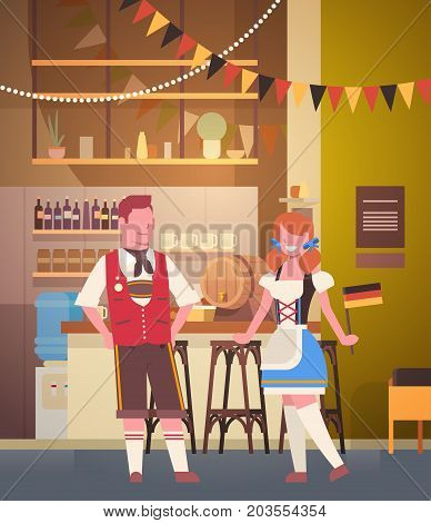 Couple In Pub Wearing Traditional Clothes Drink Beer In Bar Oktoberfest Party Celebration Man And Woman Fest Concept Flat Vector Illustration