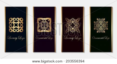 Logo Design Templates Set With Golden Gradient On Dark Background. For Luxury Products, Emblems, Pac