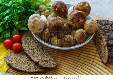 Cooked mushrooms for soup of mushrooms on homemade.