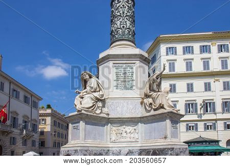 The Column of the Immaculate Conception stands in Piazza Mignanelli in front of the Spanish Embassy in Rome and steps away from Piazza di Spagna.