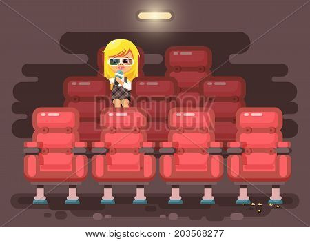 Stock vector illustration cartoon character child pupil, schoolgirl, lonely blonde girl sits in armchair, cinema hall, eat popcorn, watching film or movie in 3d glasses flat style
