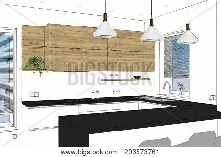 3D rendering. Modern kitchen furniture design in light interior with wood accents. Kitchen peninsula in the room. Float pendant lights. Cabinets, art, style, realestate, office, homedecor, barstools.
