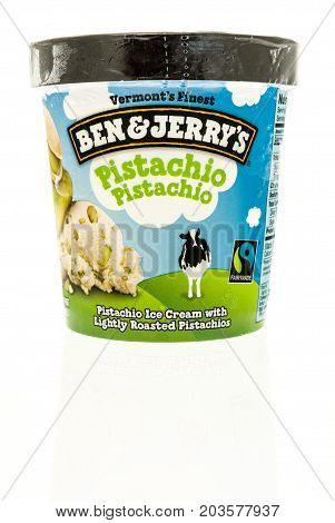 Winneconne WI - 7 September 2017: A container of Ben and Jerry's ice cream in Pistachio Pistachio flavor on an isolated background.