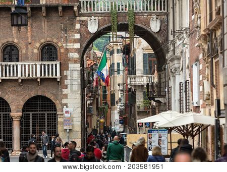 VERONA ITALY - MAY 1 2016: Verona - Piazza dei Signori is the civic and political heart of Verona Italy