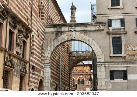 VERONA ITALY - MAY 1 2016: Verona - Piazza dei Signori is the civic and political heart of Verona Italy