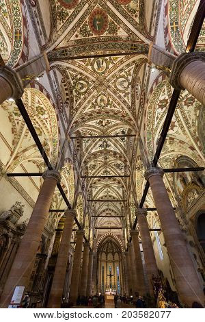 VERONA ITALY - MAY 1 2016 - Interior of Sant'Anastasia Church in Verona Italy. Sant'Anastasia is a church of the Dominican Order in Verona it was built in 1280 -1400