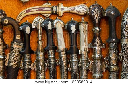 Artesanal maroccan handmade sables and spades in the medina of Marrakech