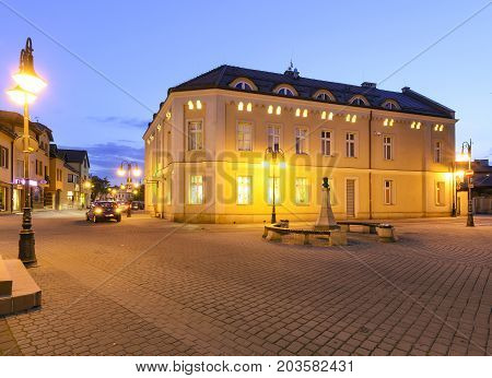 Street in Zory after sunset. Poland Europe.