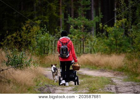 Young Woman In Red Jacket Enjoying Nature In Forest. Latvia