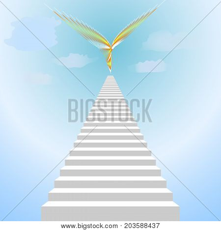 White staircase and abstract bird sky and clouds