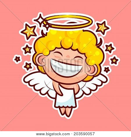 Sticker emoji emoticon, emotion walk, hang out, star, date vector illustration happy character sweet divine entity, cute heavenly angel, saint spirit, wings radiant halo pink background for mobile app