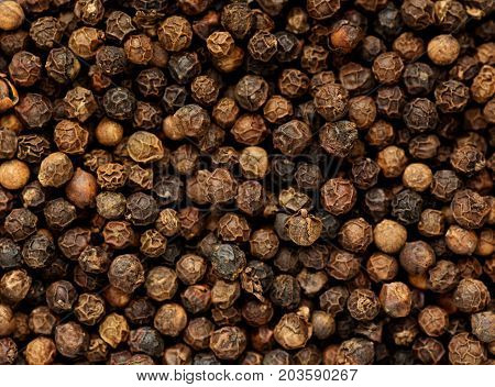 Black pepper grains as background close up.