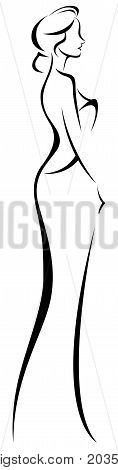 Linear silhouette of woman in elegant wedding or cocktail dress stock vector illustration