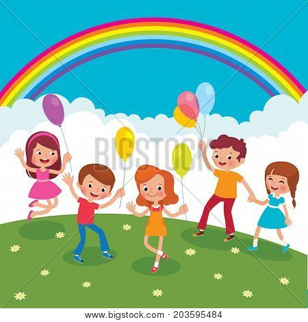 Group Of Cheerful Children With Balloons Playing On The Lawn