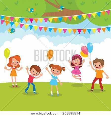 Group Of Children Playing With Balloons And Having Fun Outdoors