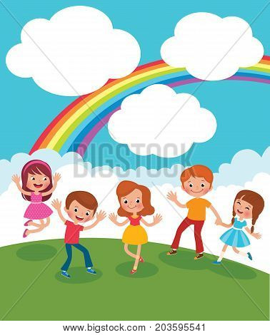 Group Of Kids Playing And Having Fun In The Meadow Under The Rainbow