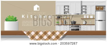 Interior design with table top and Modern kitchen background , vector , illustration
