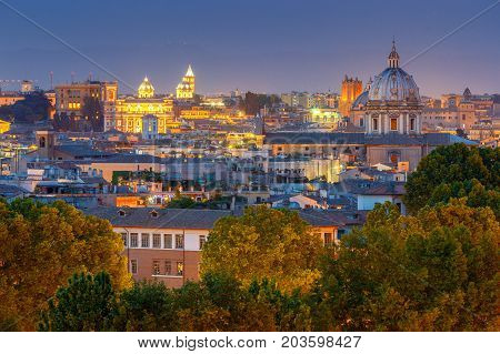 Aerial view of Rome from the hill Janiculum on the sunset. Italy.