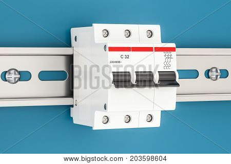 Three-pole miniature circuit breaker on the wall 3D rendering