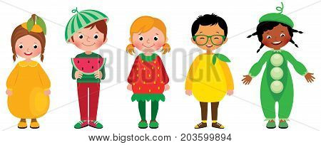 Set Of Group Of Kids In Costumes Of Different Fruits
