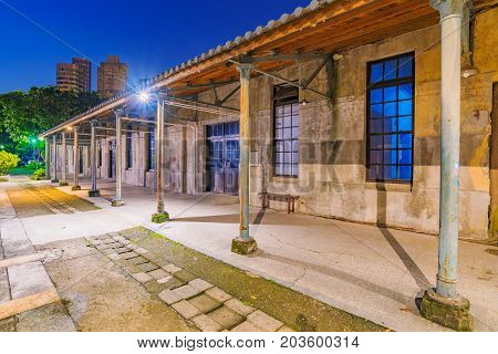 TAIPEI TAIWAN - JULY 11: This is a night view of Huashan 1914 Creative Park old style architecture on July 11 2017 in Taipei