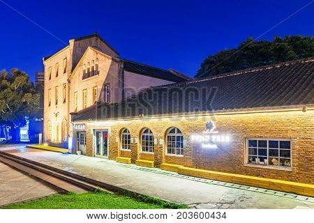 TAIPEI TAIWAN - JULY 11: This is a night view of Huashan 1914 Creative Park which is a park dedicated to art and design with old style architecture on July 11 2017 in Taipei