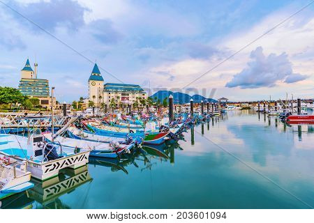 TAIPEI TAIWAN - JULY 05: This is a view of Tamsui fisherman's wharf docks where many travellers come to see the scenic views of the area July 05 2017 in Taipei