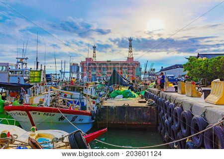 TAIPEI TAIWAN - JULY 05: This is a view of Tamsui fisherman's wharf boat yard which is a fmous landmark in Taipei well known for its scenic views on July 05 2017 in Taipei