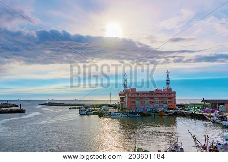 TAIPEI TAIWAN - JULY 05: This is a view of Tamsui fisherman's wharf boat yard which is a fmous landmark in Taipei well known for its scenic views on July 05 2017 in Taipei