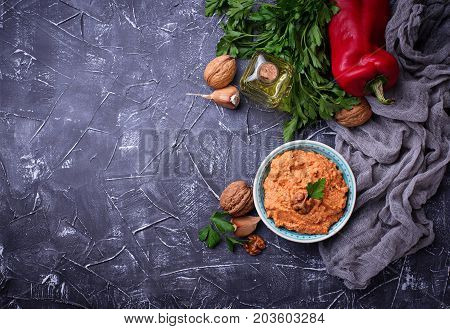 Arabic or Middle Eastern dip Muhammara. Selective focus