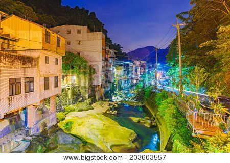 Magical night view of Shiding old street village in Taiwan