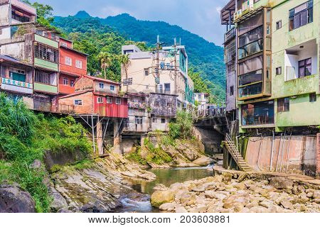 TAIPEI TAIWAN - JUNE 29: This is Shiding old street located in the rural Shiding district of Taipei The area features old architecture and nature on June 29 2017 in Taipei
