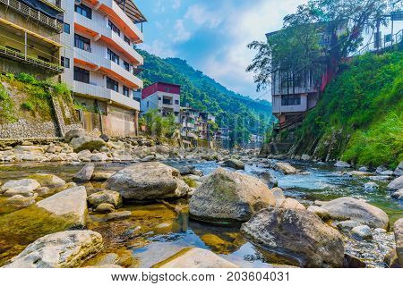 Nature with river and architecture in Shiding district of Taipei