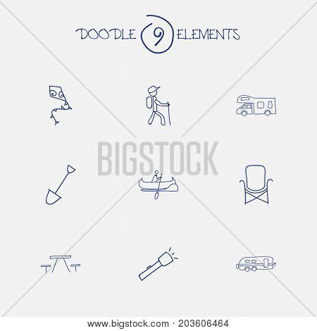 Set Of 9 Editable Trip Doodles. Includes Symbols Such As Shovel, Caravan, Picnic And More