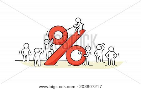 Sketch of working little people with big percent sign. Doodle cute miniature scene of workers and financial symbol. Hand drawn cartoon vector illustration for business design.
