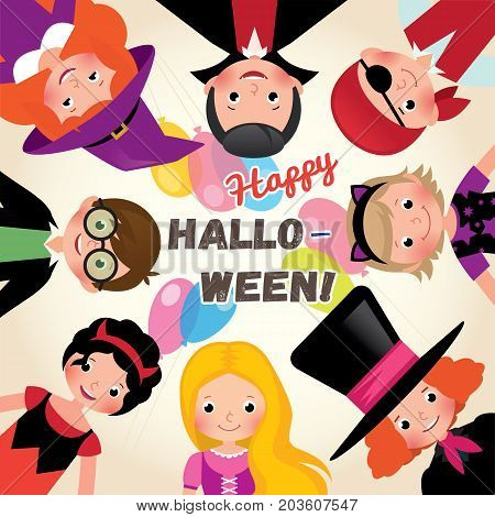 Group of happy funny children in a festive Halloween party. Poster or invitation to celebrate Halloween. Stock Vector Illustration