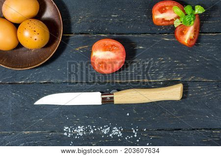 Slicing Tomatoes With A Pocket Knife. Flat Lay.