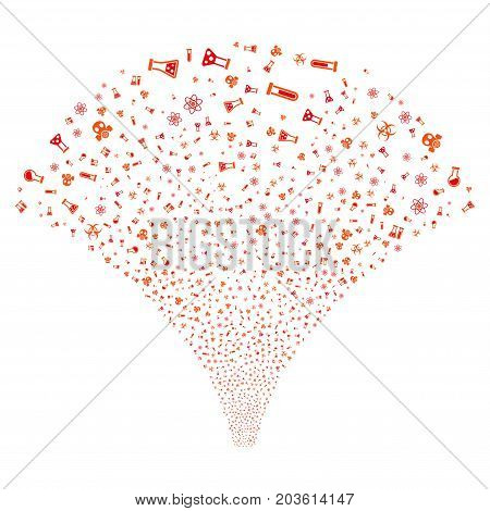 Source stream of chemistry symbols icons. Vector illustration style is flat intensive red and orange iconic symbols on a white background. Object fountain made from scattered symbols.