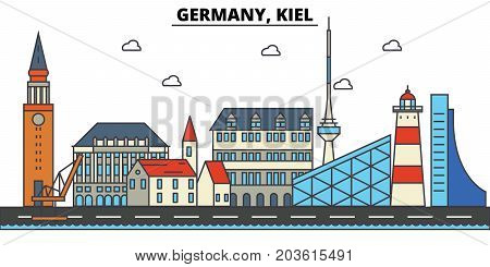 Germany, Kiel. City skyline: architecture, buildings, streets, silhouette, landscape, panorama, landmarks. Editable strokes. Flat design line vector illustration concept. Isolated icons