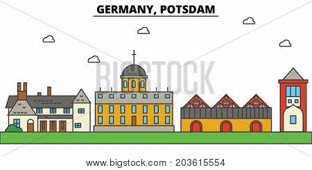 Germany, Potsdam. City skyline: architecture, buildings, streets, silhouette, landscape, panorama, landmarks. Editable strokes. Flat design line vector illustration concept. Isolated icons