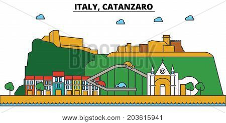 Italy, Catanzaro. City skyline: architecture, buildings, streets, silhouette, landscape, panorama, landmarks. Editable strokes. Flat design line vector illustration concept. Isolated icons
