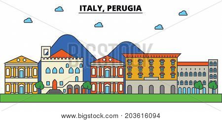 Italy, Perugia. City skyline: architecture, buildings, streets, silhouette, landscape, panorama, landmarks. Editable strokes. Flat design line vector illustration concept. Isolated icons