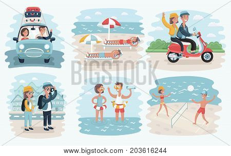 Vector cartoon illustration of couple in summer holidays scene: traveling by car, beach, schooter, take photo, play voleyball. Set of scene on beach, landmark and nature backgrounds.