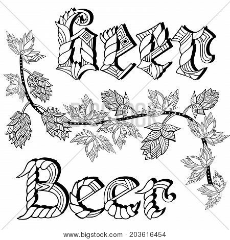 Beer.Hand-drawn ornamental inscription. Zentangle and doodle style. Coloring book or tattoo. Vector illustration.