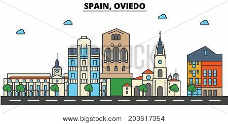 Spain, Oviedo. City skyline: architecture, buildings, streets, silhouette, landscape, panorama, landmarks. Editable strokes. Flat design line vector illustration concept. Isolated icons