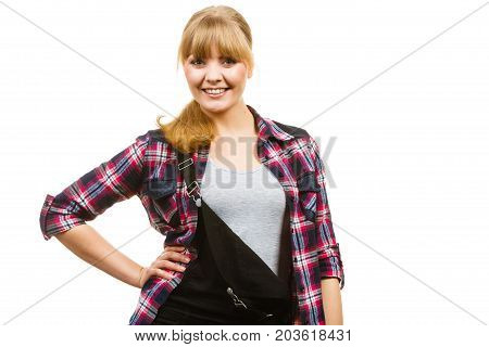 Smiling Standing Woman Wearing Dungarees And Shirt