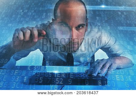 Businessman found a backdoor illegal access on a computer. Concept of internet security